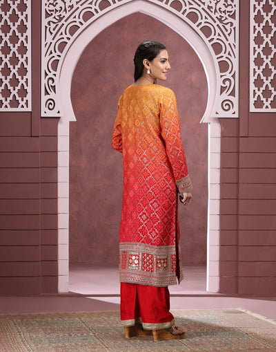 Sunrise Yellow And Red Shaded Bandhej Banarasi Silk Salwar Suit