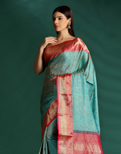 Teal & Red Jamawar Jacquard Silk Saree WIth Unstitcehd Blouse Fabric