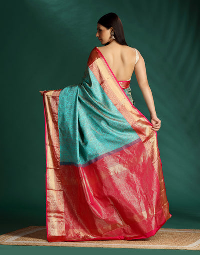 Teal & Red Jamawar Jacquard Silk Saree WIth Unstitcehd Blouse Fabric