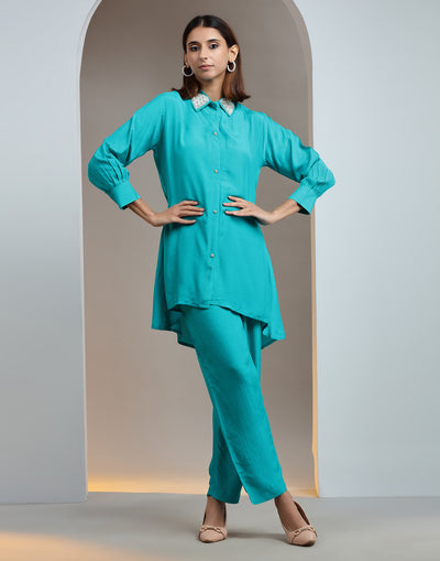 Turquoise Embellished Shirt And Pant Set