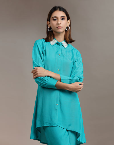 Turquoise Embellished Shirt And Pant Set