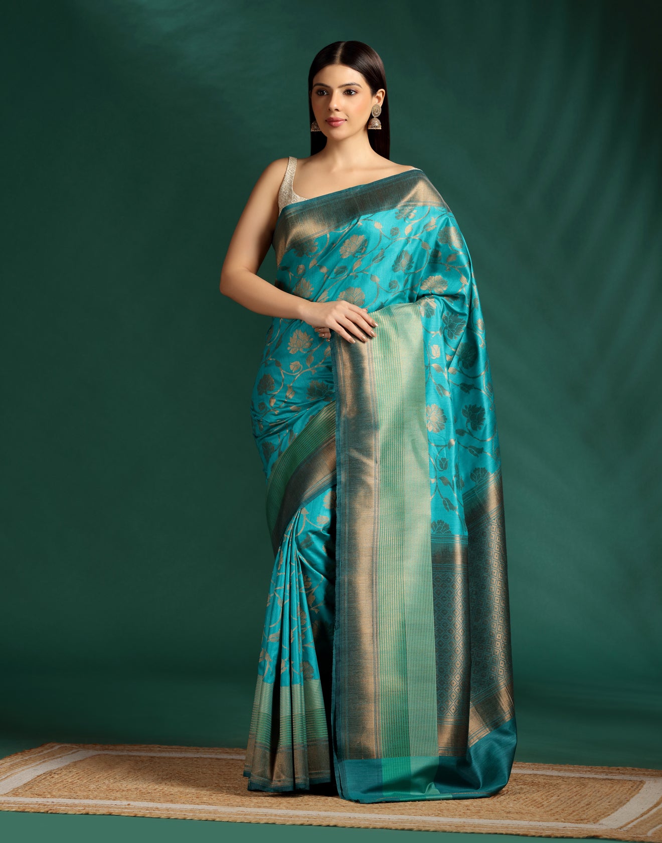 Turquoise Jaal Banarasi Tussar Silk Saree With Unstitched Blouse Fabric