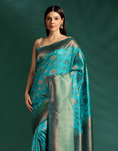 Turquoise Jaal Banarasi Tussar Silk Saree With Unstitched Blouse Fabric