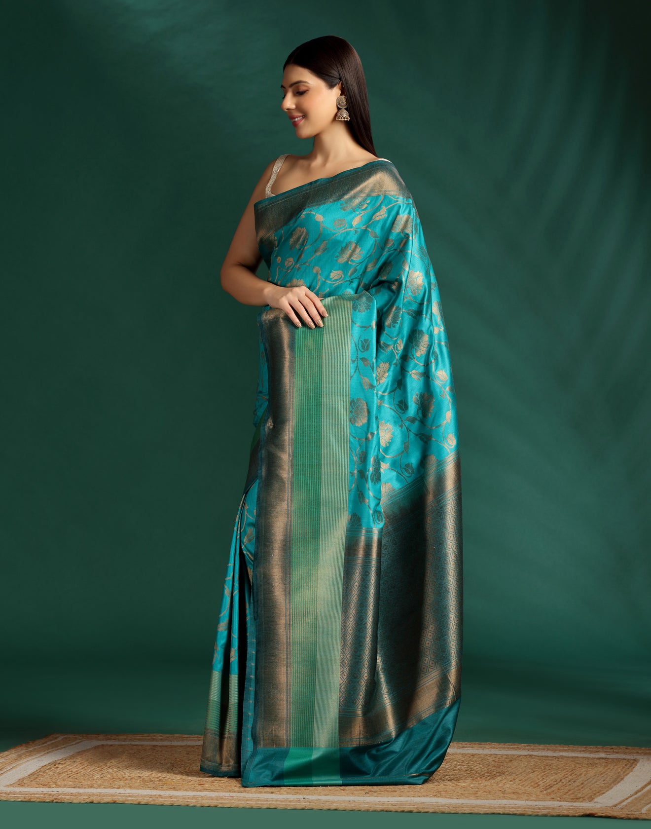 Turquoise Jaal Banarasi Tussar Silk Saree With Unstitched Blouse Fabric