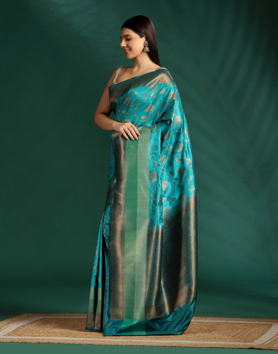 Turquoise Jaal Banarasi Tussar Silk Saree With Unstitched Blouse Fabric