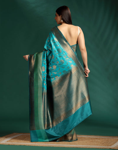 Turquoise Jaal Banarasi Tussar Silk Saree With Unstitched Blouse Fabric