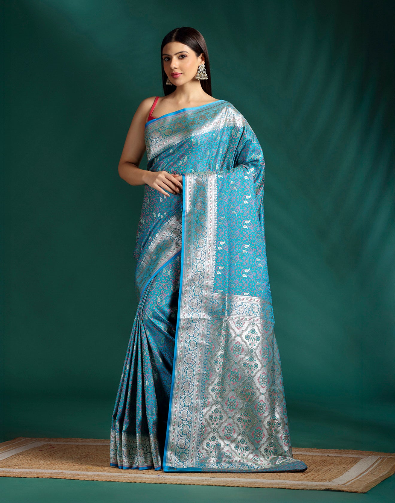 Twilight Teal Jacquard Banarasi Silk Saree With Unstitched Blouse Fabric
