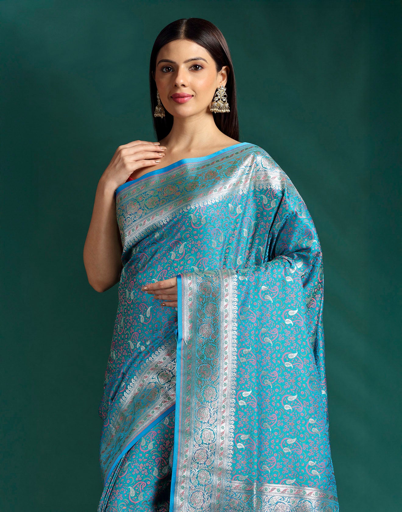 Twilight Teal Jacquard Banarasi Silk Saree With Unstitched Blouse Fabric