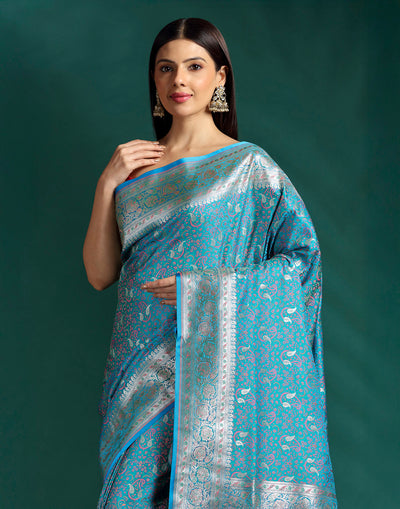 Twilight Teal Jacquard Banarasi Silk Saree With Unstitched Blouse Fabric