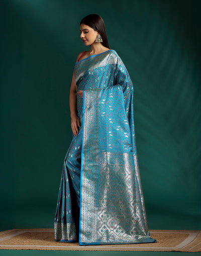 Twilight Teal Jacquard Banarasi Silk Saree With Unstitched Blouse Fabric