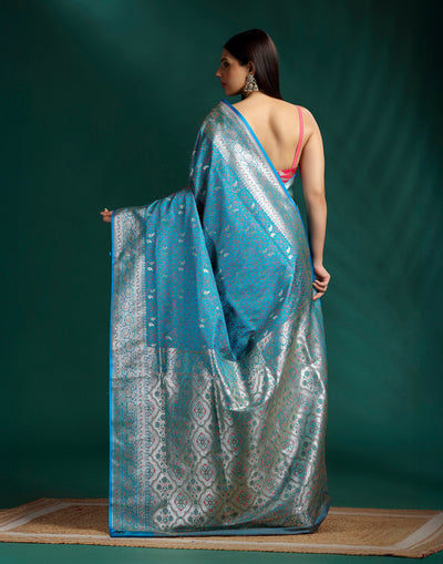 Twilight Teal Jacquard Banarasi Silk Saree With Unstitched Blouse Fabric