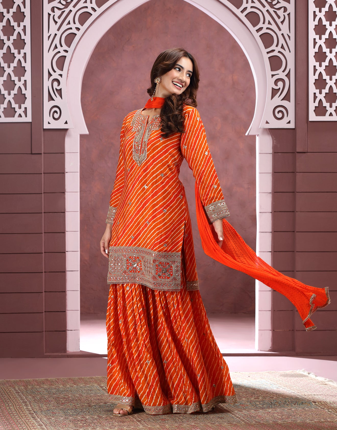 Vibrant Citrus Leheriya Designer Gharara Set
