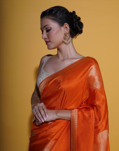 Vibrant Orange Saree In Retro Polka Weave