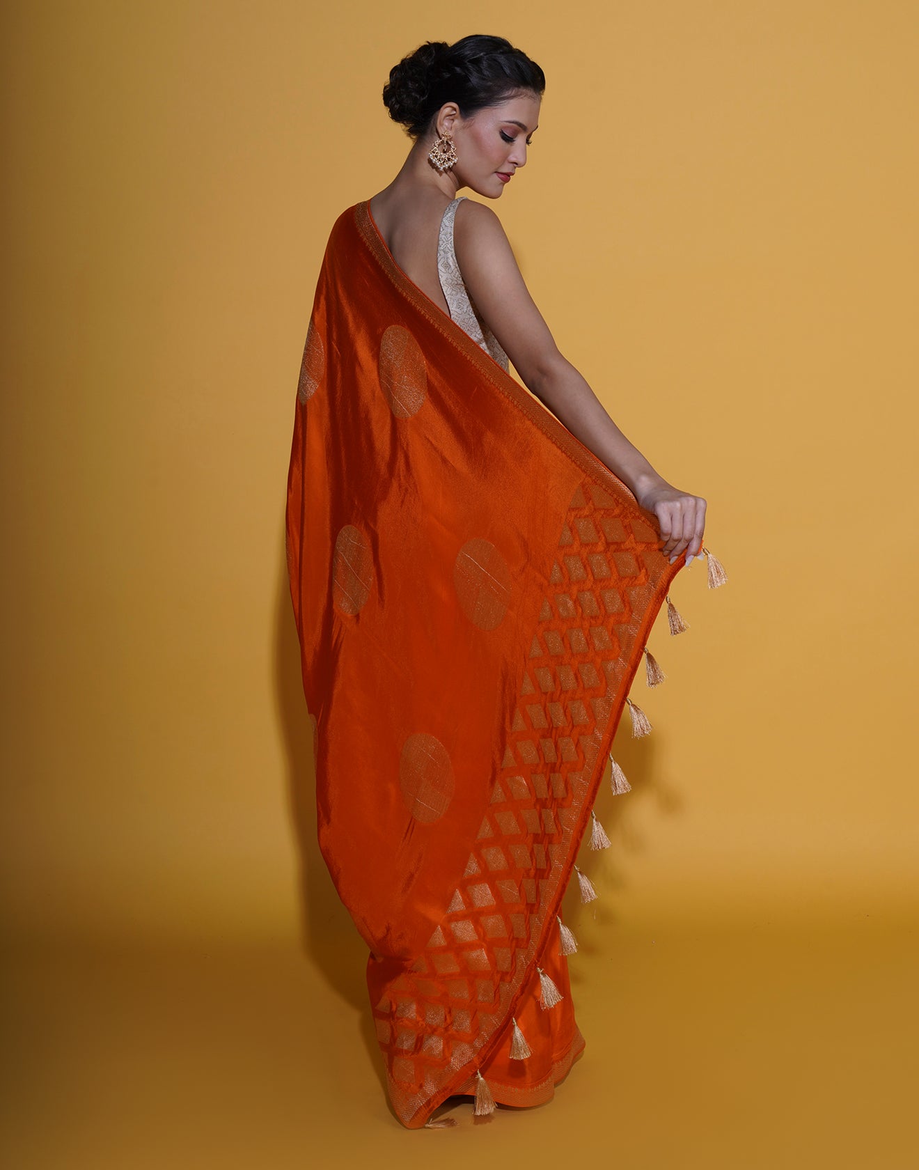 Vibrant Orange Saree In Retro Polka Weave