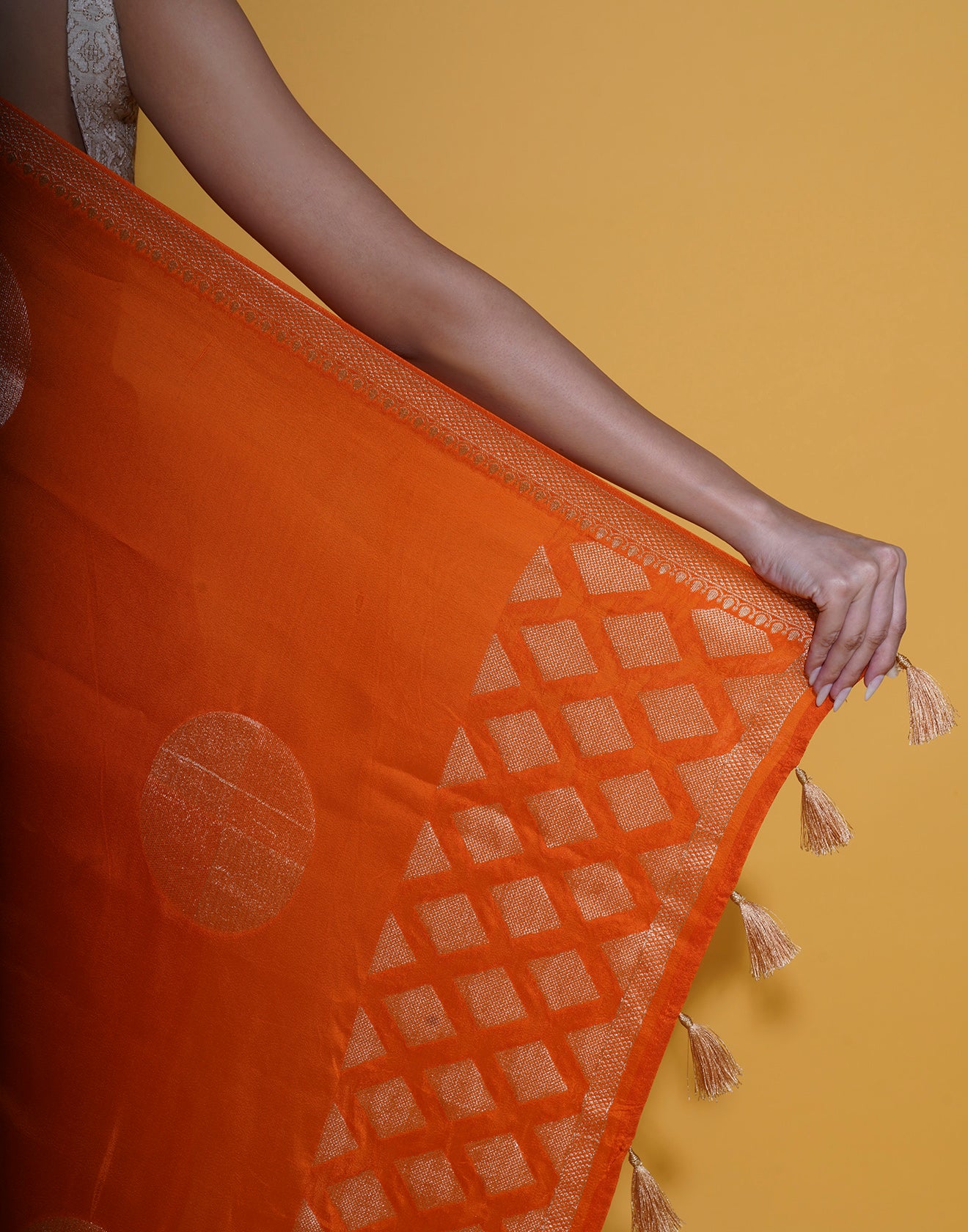 Vibrant Orange Saree In Retro Polka Weave