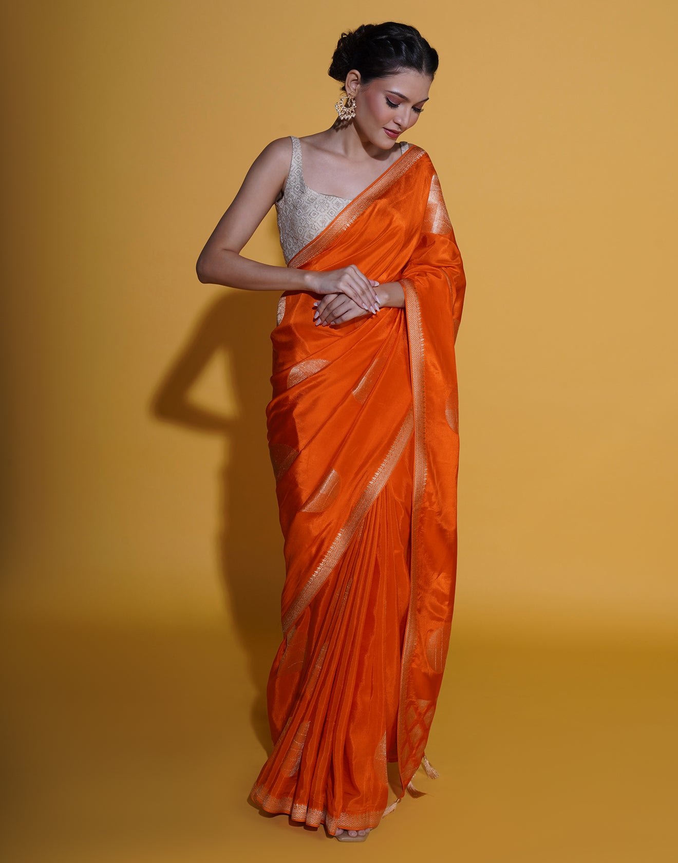 Vibrant Orange Saree In Retro Polka Weave