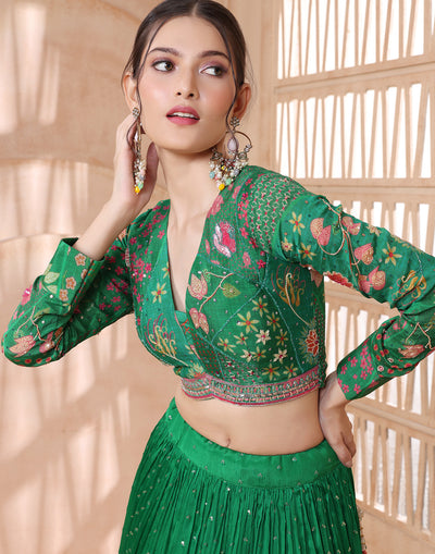 Wild Forest Green Floral Printed Lehenga Set