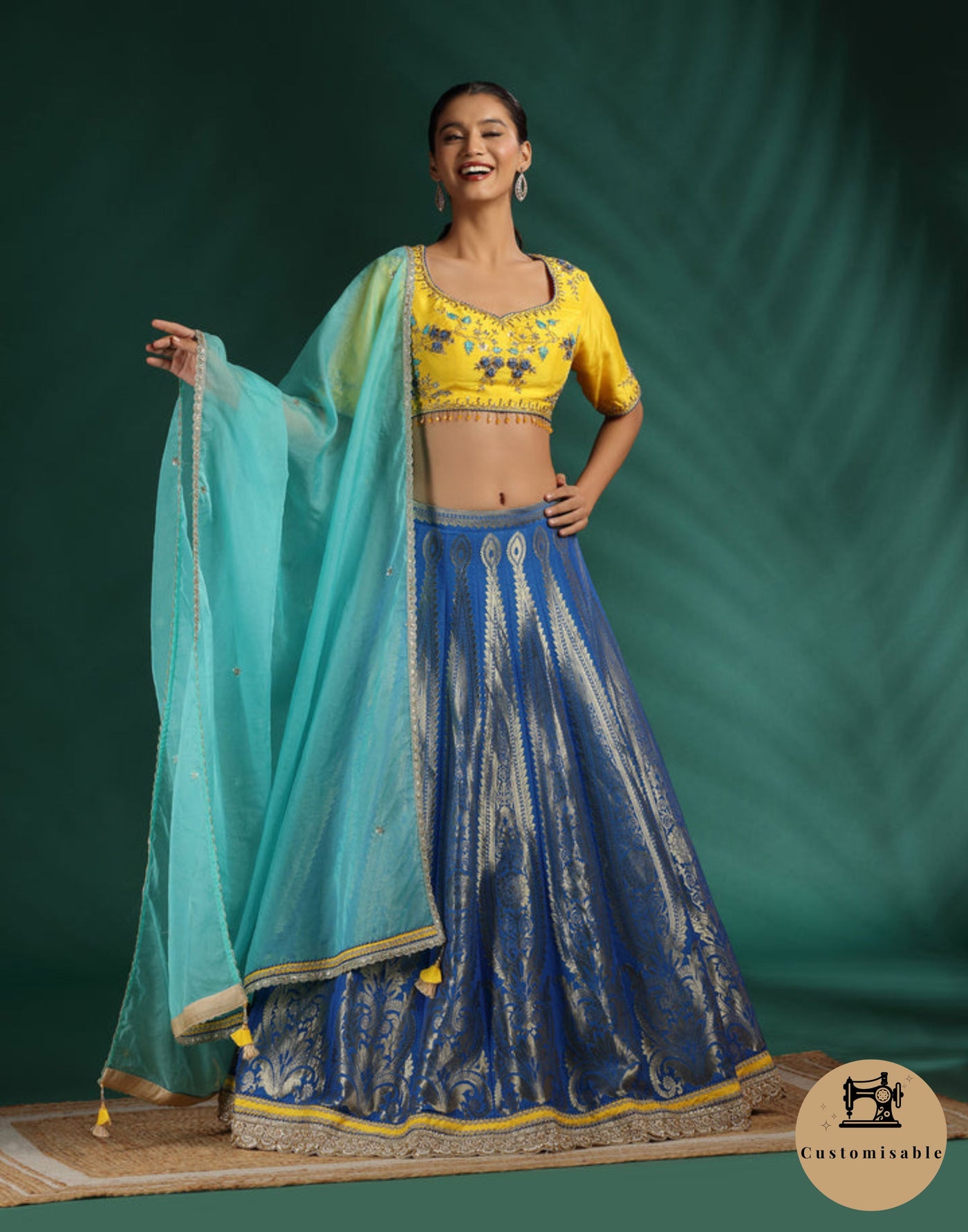 Yellow And Cobalt Brocade Lehenga Set