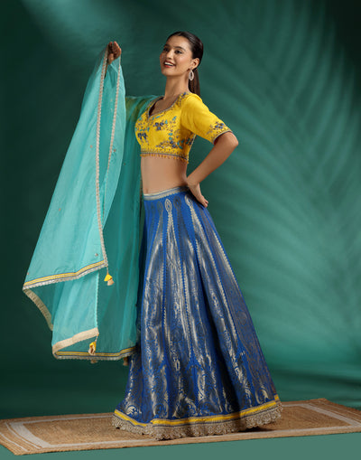 Yellow And Cobalt Brocade Lehenga Set