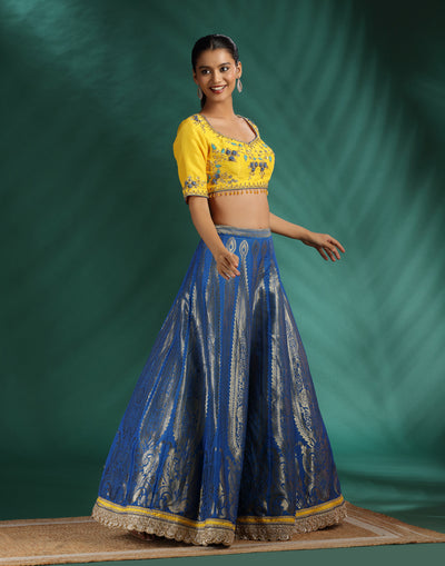 Yellow And Cobalt Brocade Lehenga Set