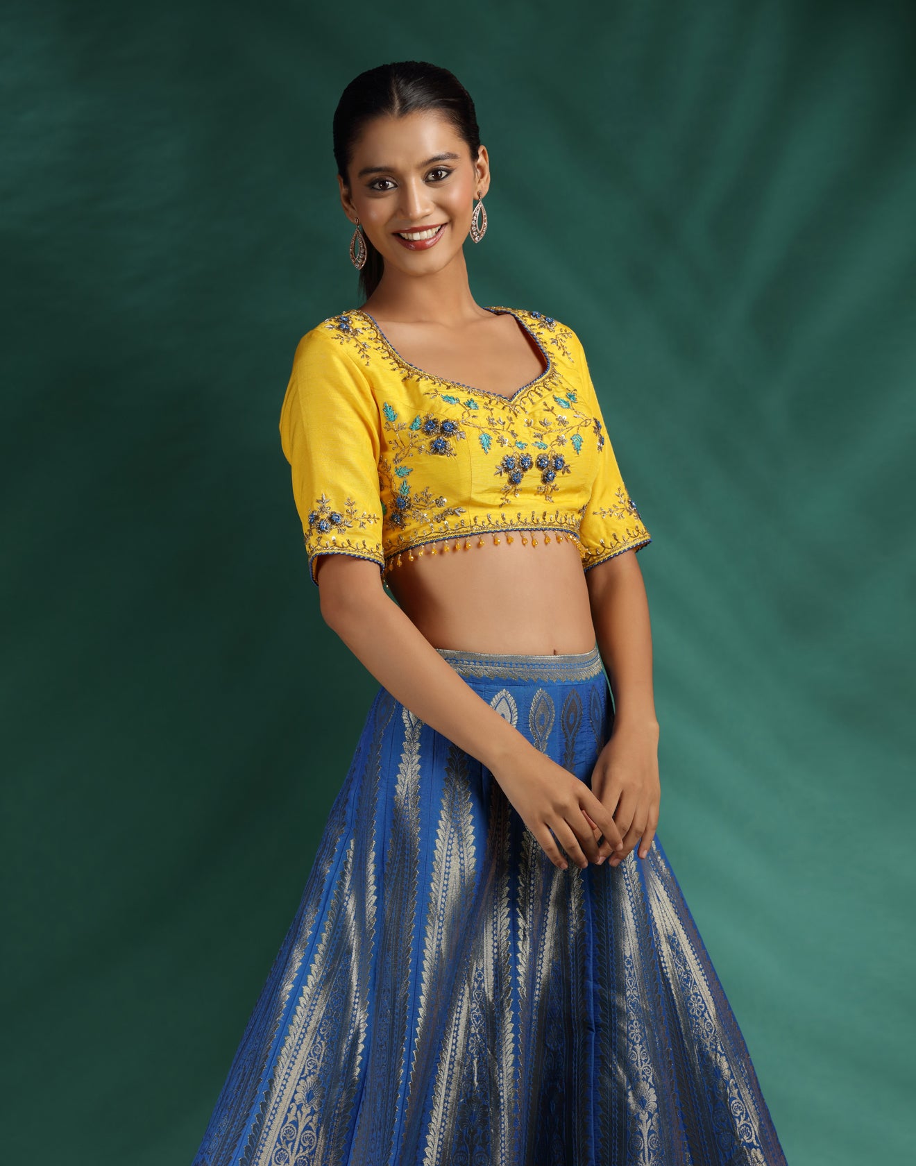 Yellow And Cobalt Brocade Lehenga Set