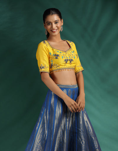 Yellow And Cobalt Brocade Lehenga Set