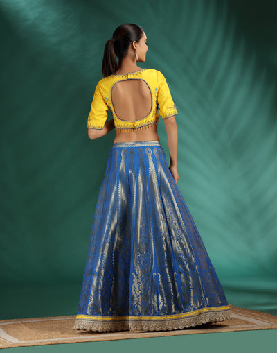 Yellow And Cobalt Brocade Lehenga Set