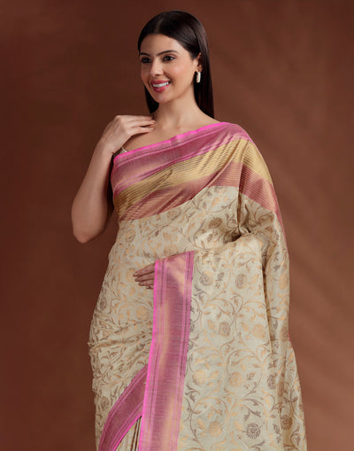 Zari Beige Banarasi Tussar Silk Saree WIth Unstitched Blouse Fabric