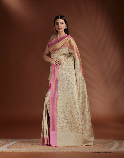 Zari Beige Banarasi Tussar Silk Saree WIth Unstitched Blouse Fabric