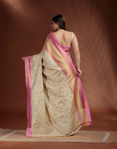 Zari Beige Banarasi Tussar Silk Saree WIth Unstitched Blouse Fabric