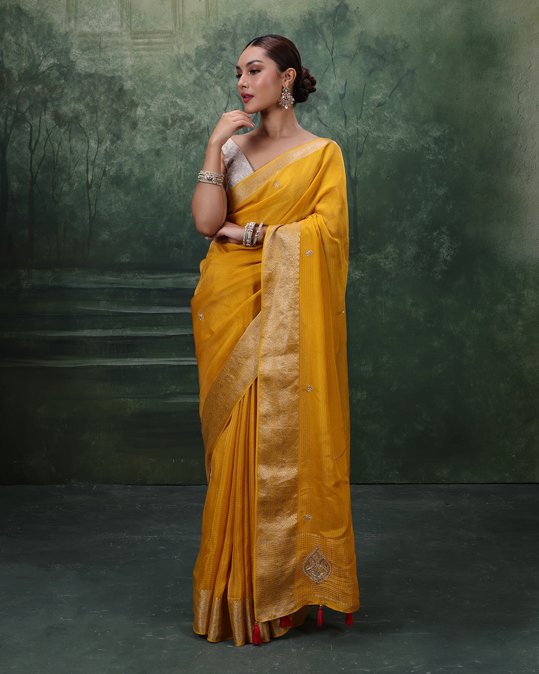 Amber Yellow Kota Silk Festive Saree With Unstitched Blouse In Bandhej