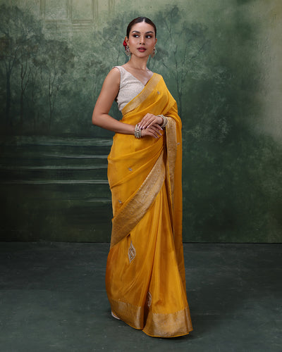 Amber Yellow Kota Silk Festive Saree With Unstitched Blouse In Bandhej