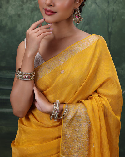 Amber Yellow Kota Silk Festive Saree With Unstitched Blouse In Bandhej