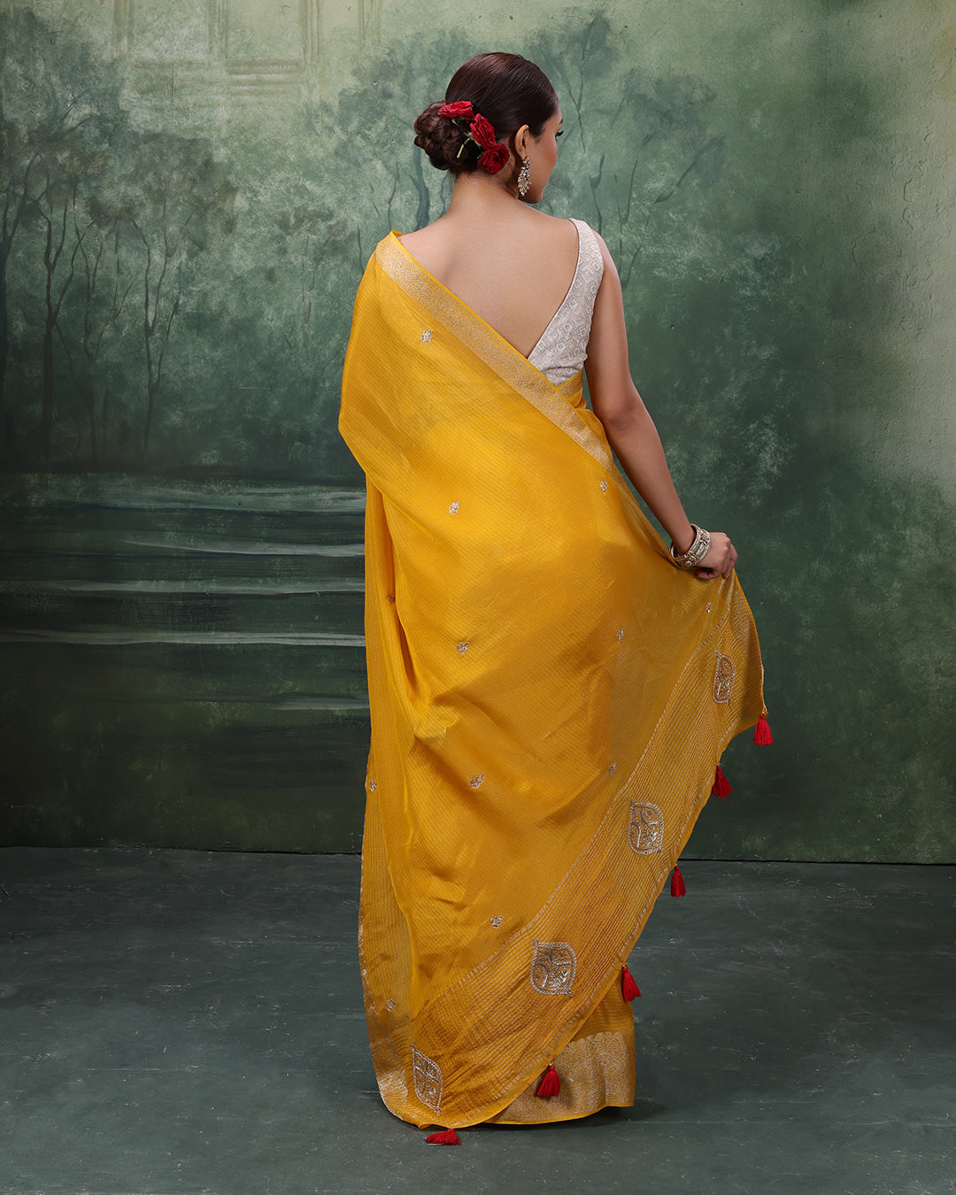 Amber Yellow Kota Silk Festive Saree With Unstitched Blouse In Bandhej