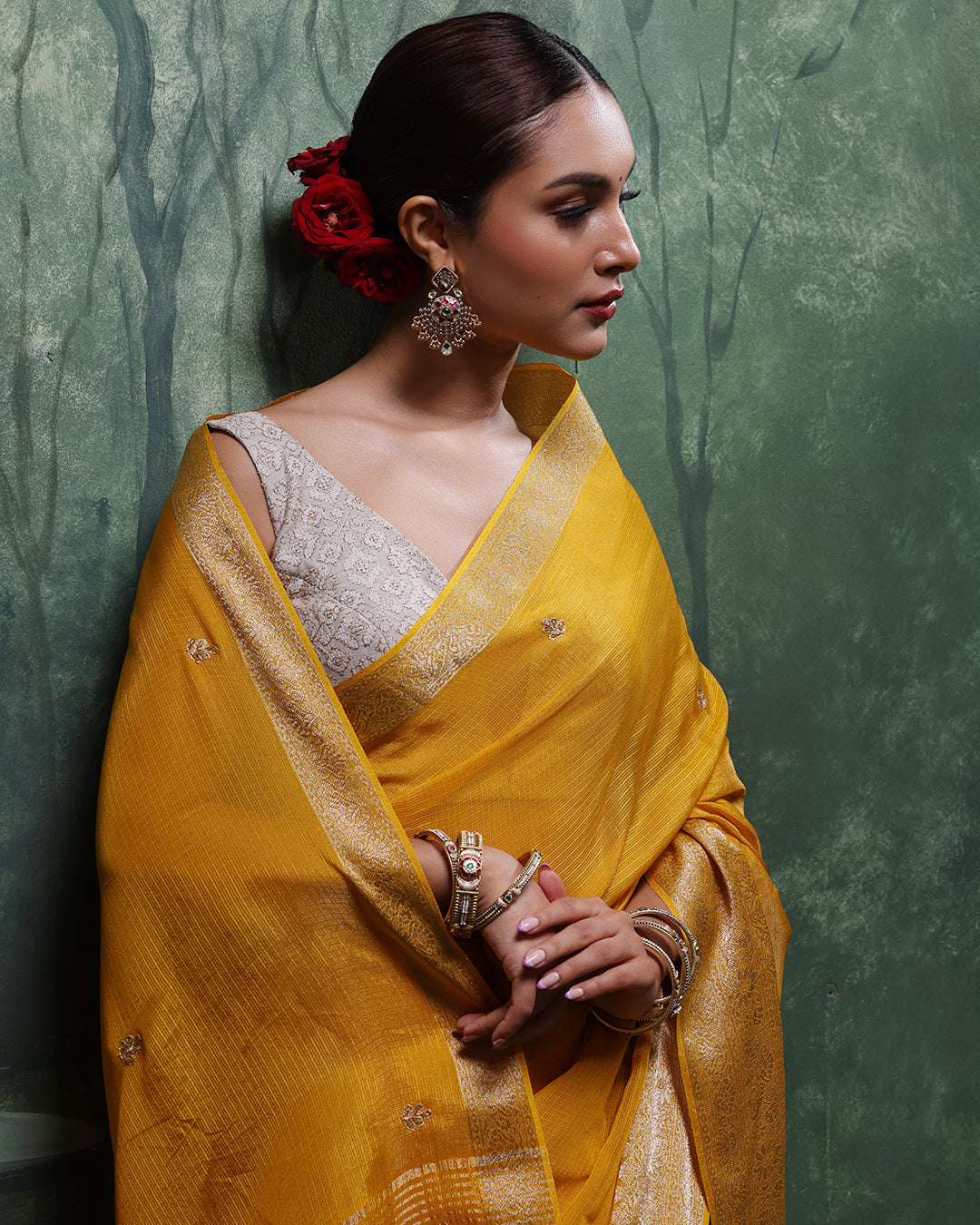 Amber Yellow Kota Silk Festive Saree With Unstitched Blouse In Bandhej