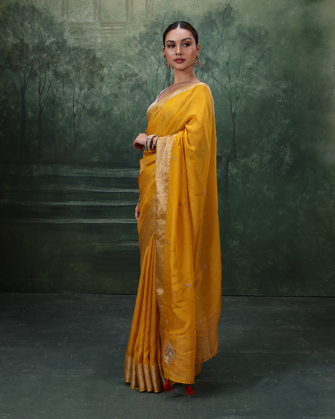 Amber Yellow Kota Silk Festive Saree With Unstitched Blouse In Bandhej