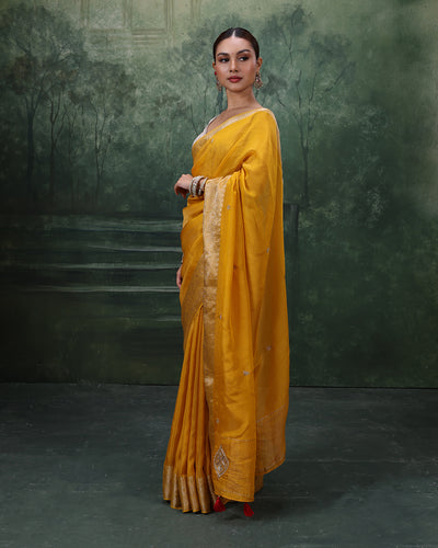 Amber Yellow Kota Silk Festive Saree With Unstitched Blouse In Bandhej