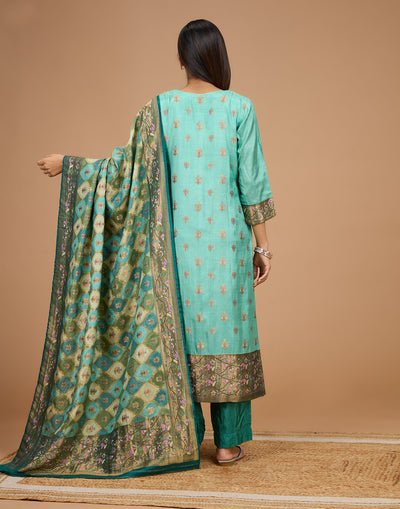 Aqua Green Woven Design Silk Unstitched Suit Set