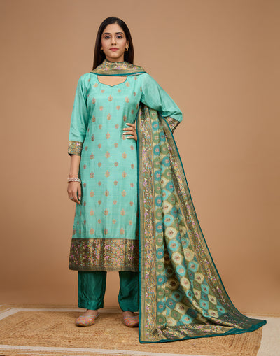 Aqua Green Woven Design Silk Unstitched Suit Set