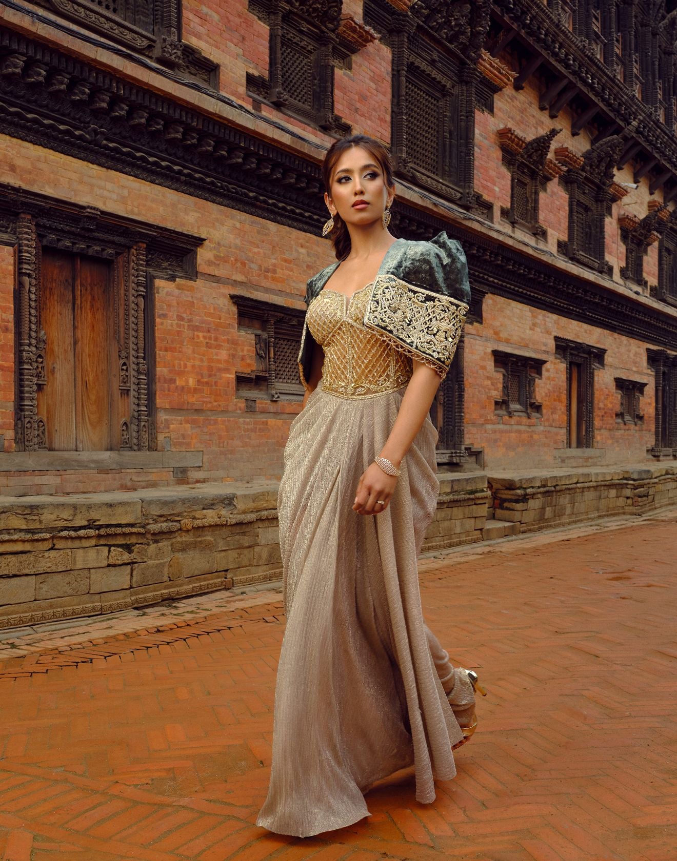 Auric Copper Corset Drape Gown With Velvet Cape Jacket