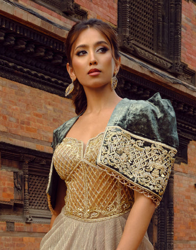 Auric Copper Corset Drape Gown With Velvet Cape Jacket