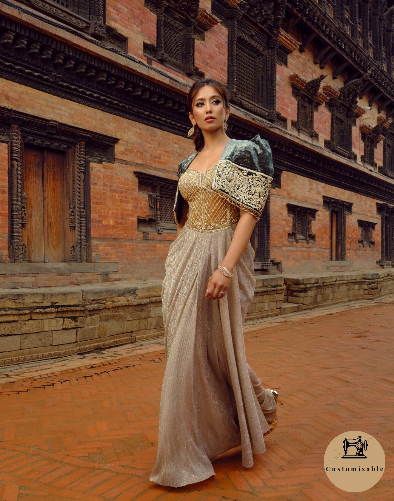 Auric Copper Corset Drape Gown With Velvet Cape Jacket