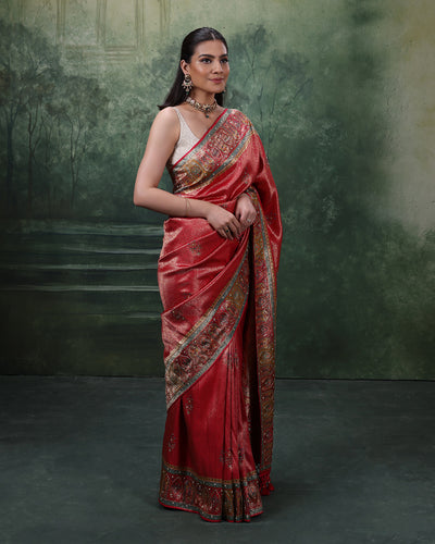 Berry Red Festive Silk Saree WIth Unstitched Blouse Fabric