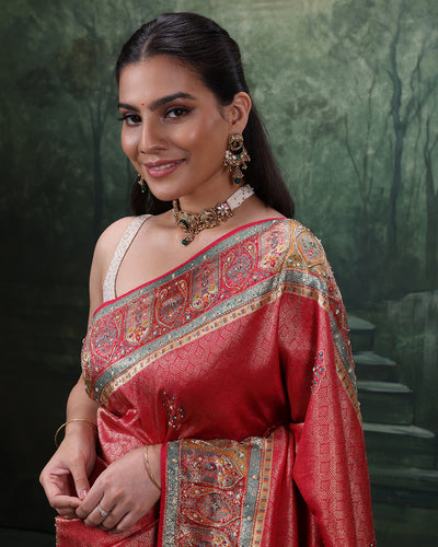 Berry Red Festive Silk Saree WIth Unstitched Blouse Fabric