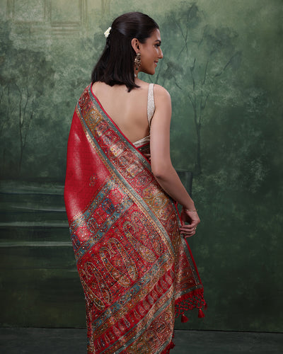 Berry Red Festive Silk Saree WIth Unstitched Blouse Fabric