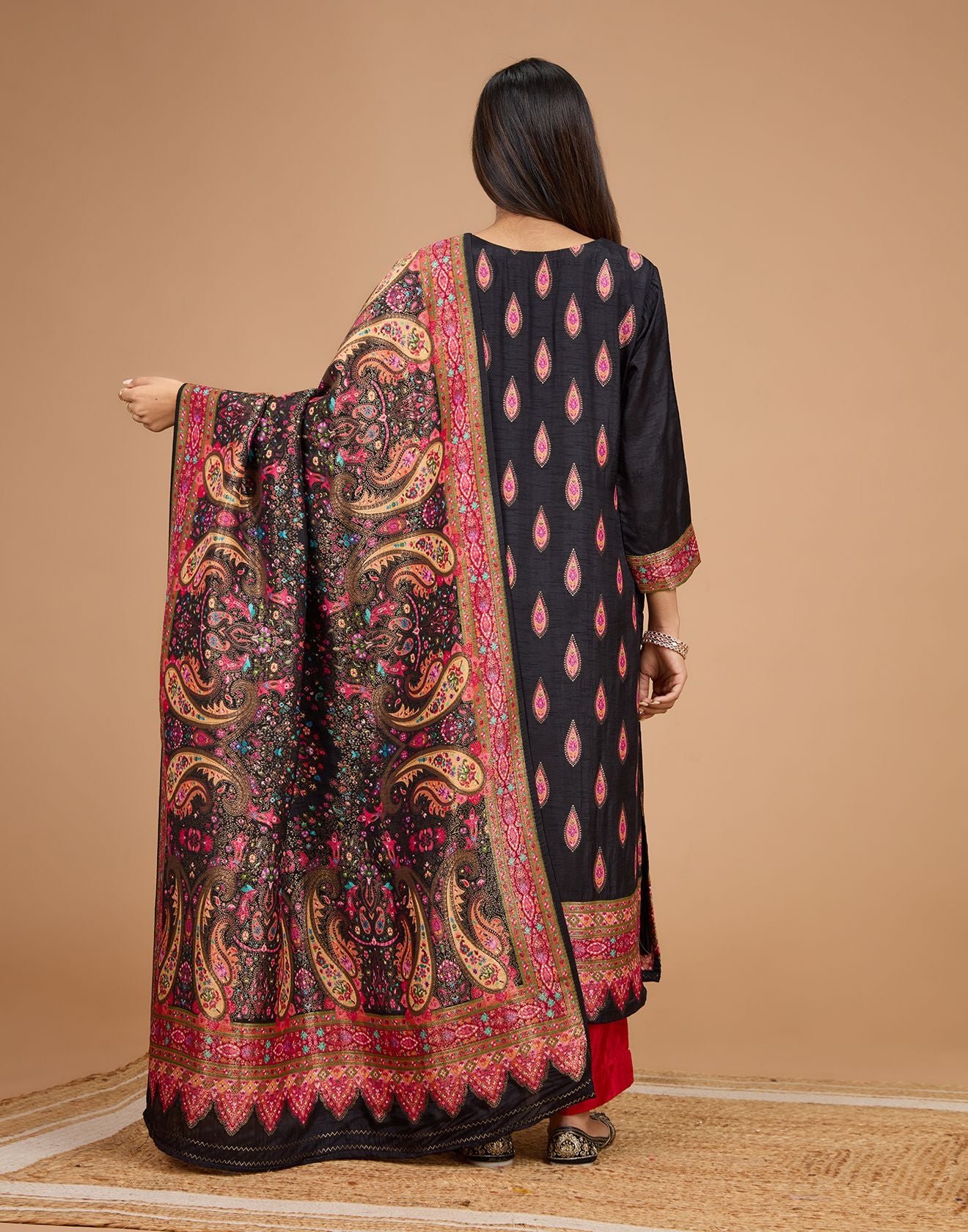 Black And Berry Hues Weave Blended Silk Unstitched Suit Set