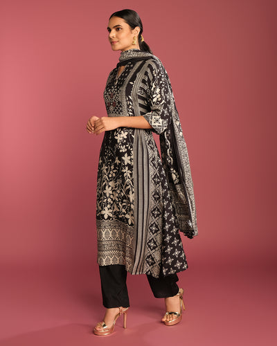 Black & Chalk White Printed Crepe Kurta Set