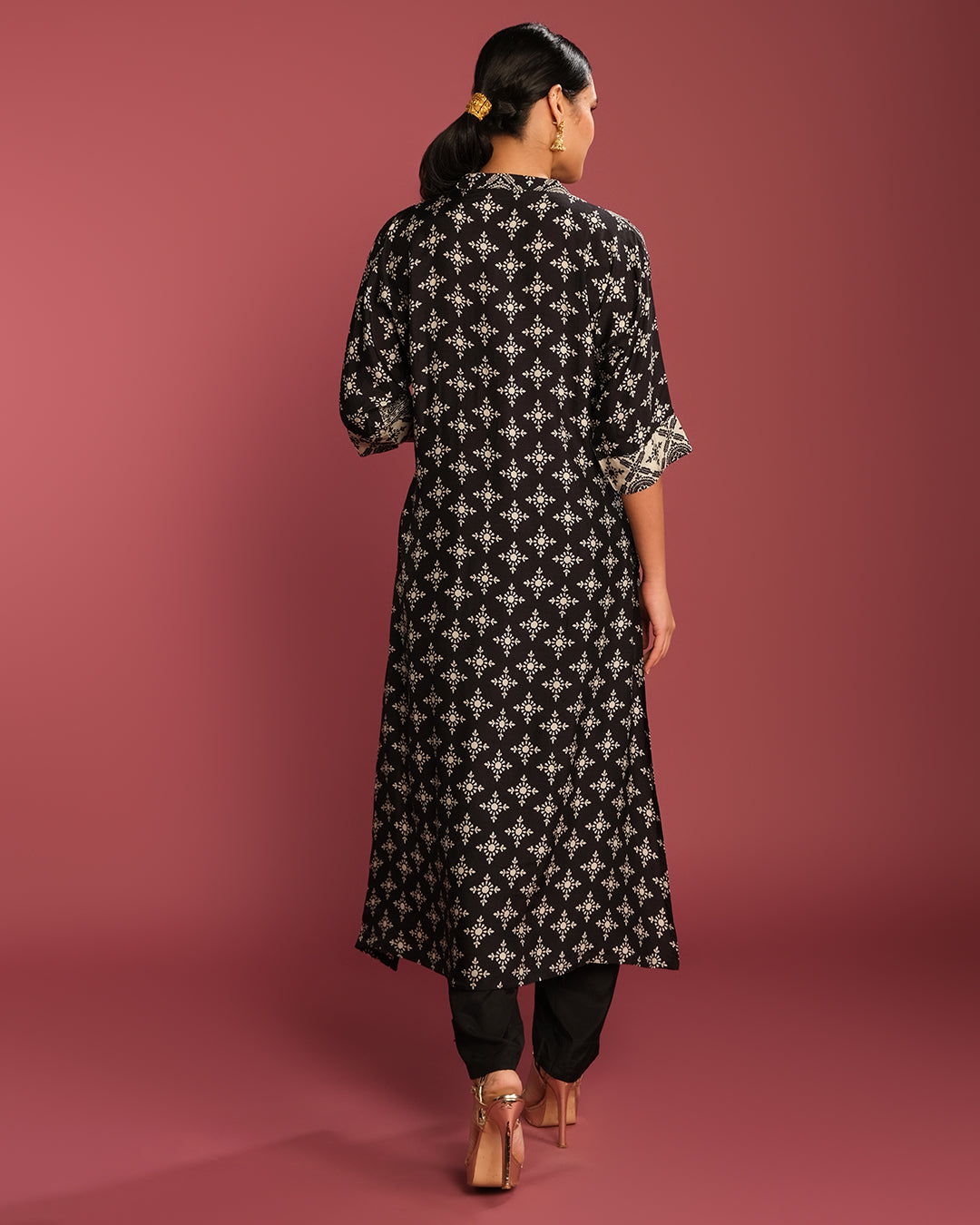Black & Chalk White Printed Crepe Kurta Set