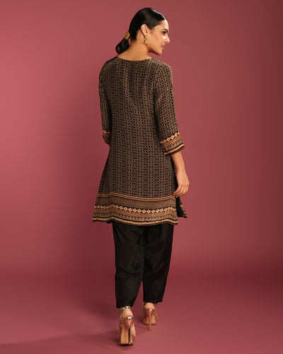 Black & Earthy Bandhej Printed Short Kurta With Pant Set