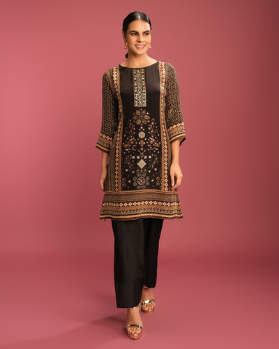 Black & Earthy Bandhej Printed Short Kurta With Pant Set